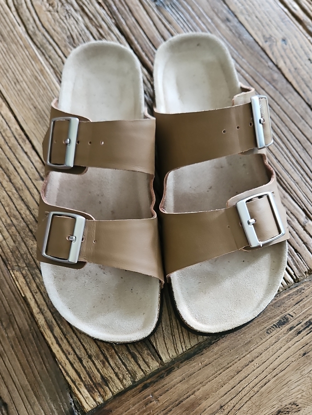 Quince Nappa Leather Double Buckle Slide Sandals Tan Brown Size 9